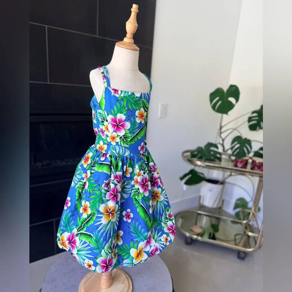 Bright Blue Tropical Floral Hawaii Girls' Dress